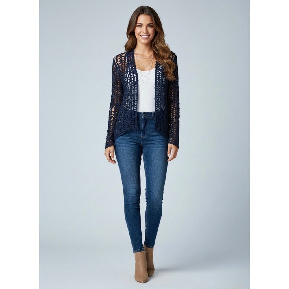 Vtg Y2K Anthropologie Navy Blue Crochet Open Cardigan | Coastal Grandma Indie M - Picture 14 of 15